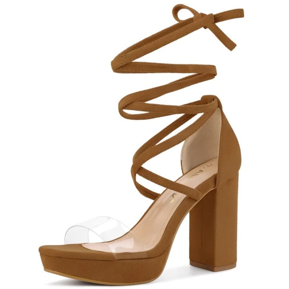 Allegra K Women's Brown Suede Lace Up Platform Chunky Heel Sandals Size 9